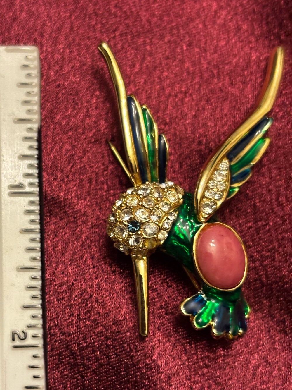 Gold-Tone Green & Pink Hummingbird Brooch with Crystals